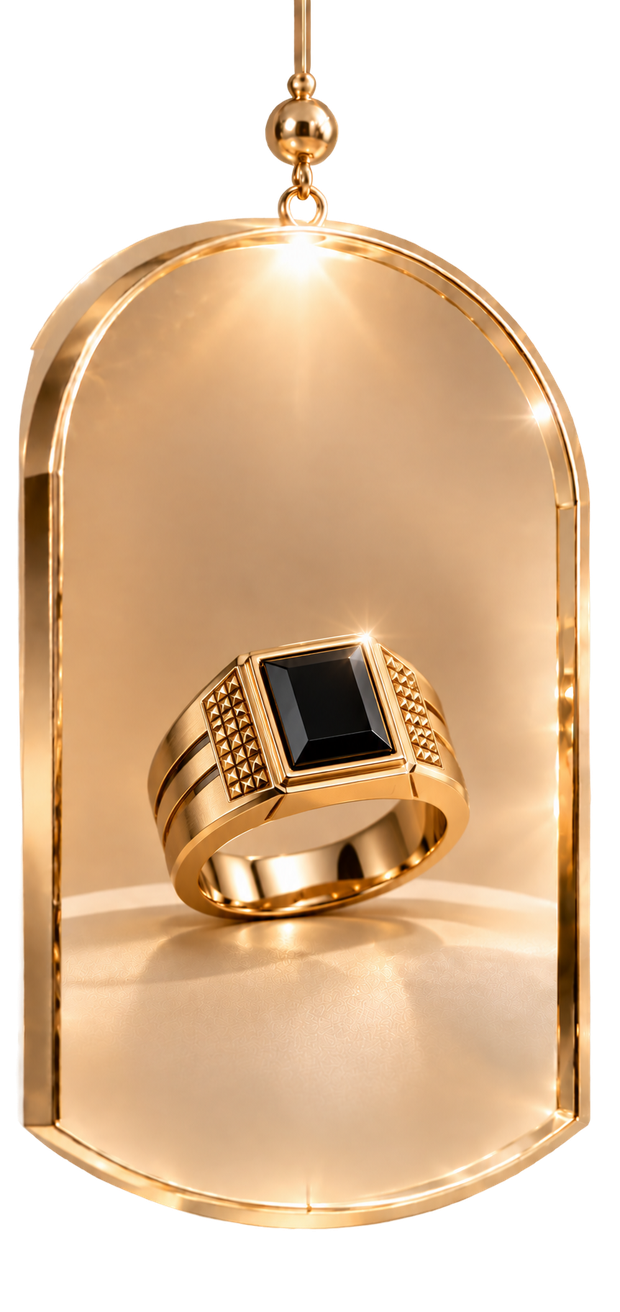 The Crossover Band — gold men's ring in a hanging glass display