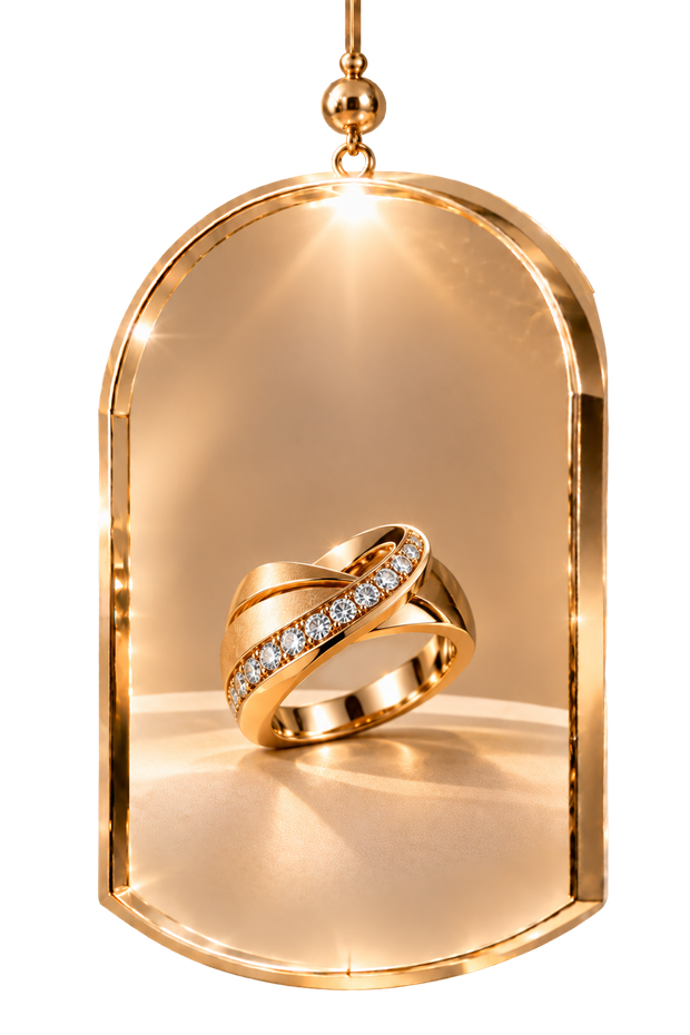 The Diamond Sovereign — gold men's ring in a hanging glass display
